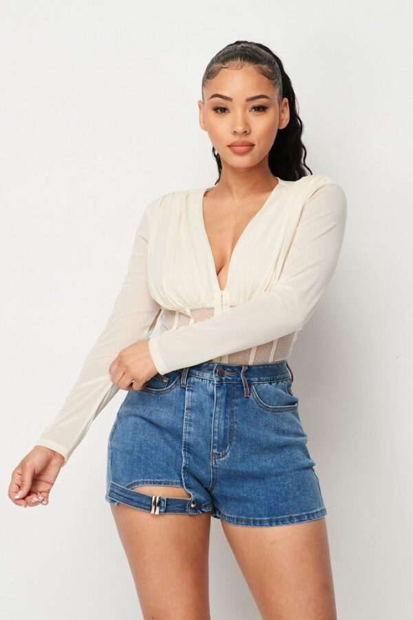 Fishnet Mesh Deep V Bodysuit – Sheer Back, Cream