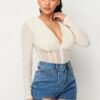 Fishnet Mesh Deep V Bodysuit – Sheer Back, Cream