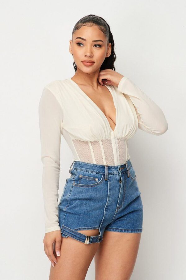 Fishnet Mesh Deep V Bodysuit – Sheer Back, Cream