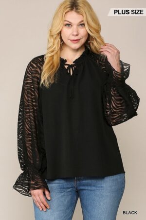 Plus Size Zebra Burnout Ruffled-Neck Bubble Crepe Blouse