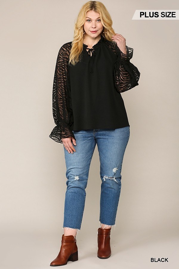 Plus Size Zebra Burnout Ruffled-Neck Bubble Crepe Blouse