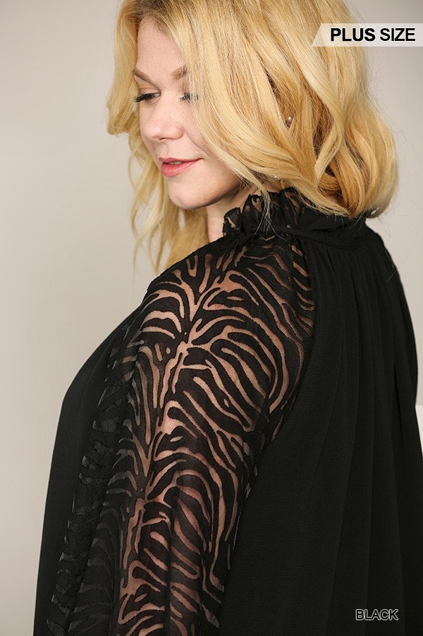 Plus Size Zebra Burnout Ruffled-Neck Bubble Crepe Blouse