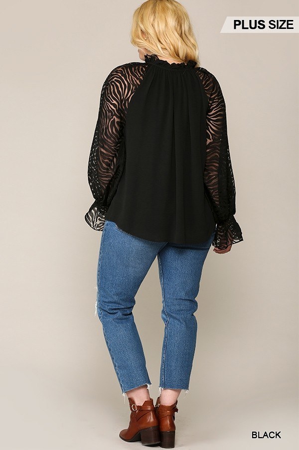 Plus Size Zebra Burnout Ruffled-Neck Bubble Crepe Blouse