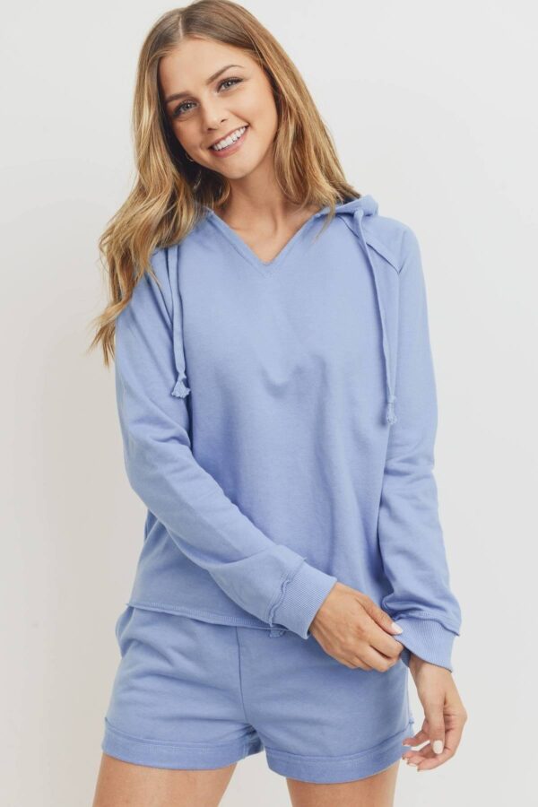 French Terry V-Neck Hoodie Top – Denim Multi