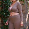 Plus Mocha Ribbed Plunge-Neck Tie Loungewear Set