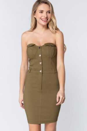 Strapless Button-Front Mini Dress – Light Olive Green