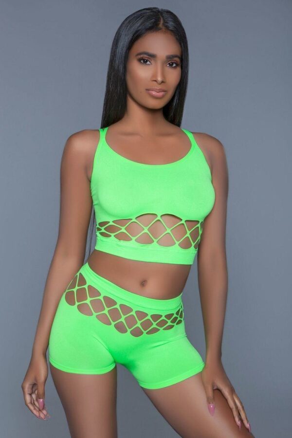 Silk Fishnet 2-Piece Crop Tank & High-Waist Shorts – Neon Green