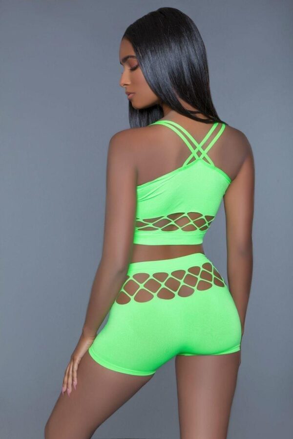 Silk Fishnet 2-Piece Crop Tank & High-Waist Shorts – Neon Green