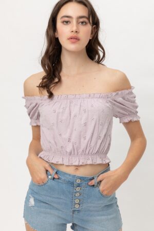 Off-Shoulder Cropped Top with Puff Sleeves – Lilac
