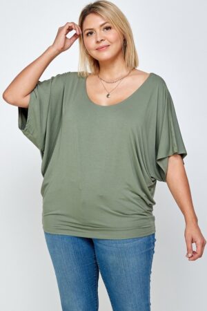 Plus Size Solid Knit Top – Flowy Dolman Silhouette, Olive