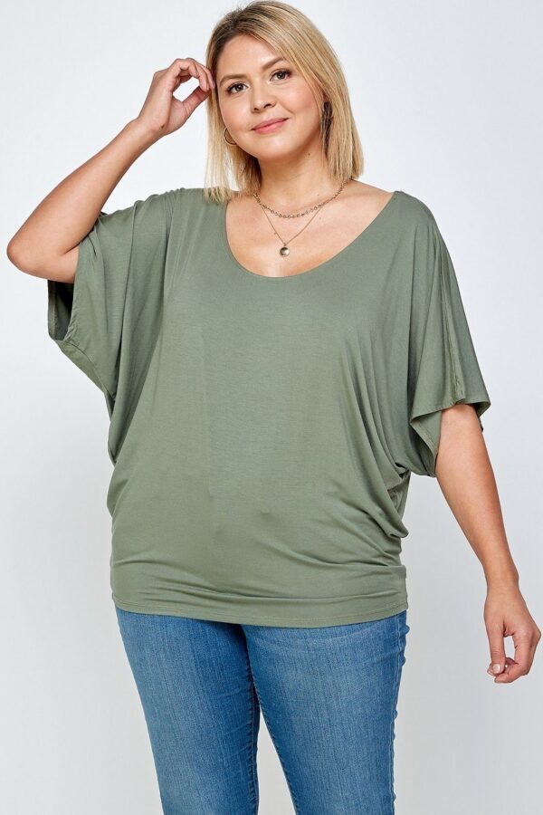 Plus Size Solid Knit Top – Flowy Dolman Silhouette, Olive