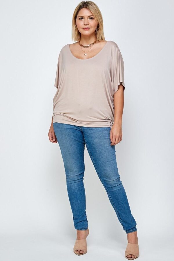 Plus Size Solid Knit Top with Draped Dolman Sleeves – Sand