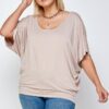 Plus Size Solid Knit Top with Draped Dolman Sleeves – Sand