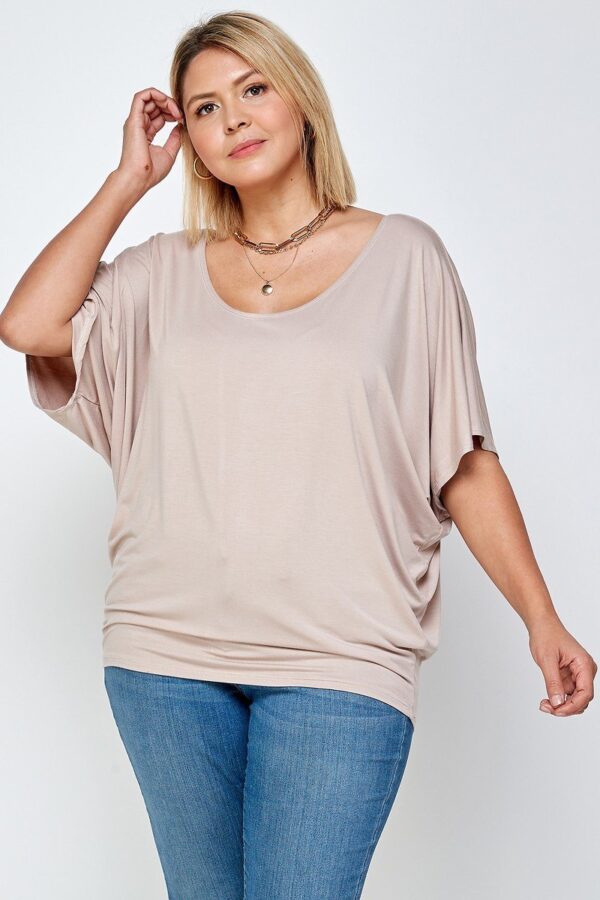 Plus Size Solid Knit Top with Draped Dolman Sleeves – Sand