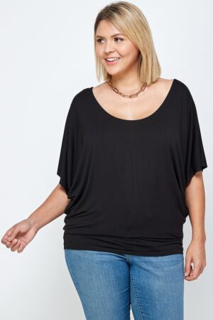 Plus-Size Solid Knit Top with Draped Dolman Sleeves – Black