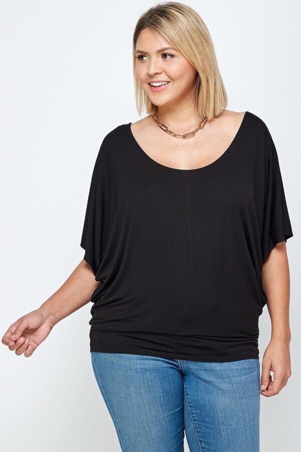 Plus-Size Solid Knit Top with Draped Dolman Sleeves – Black