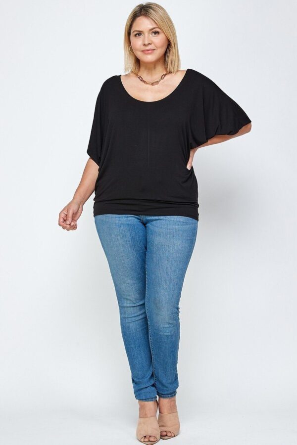 Plus-Size Solid Knit Top with Draped Dolman Sleeves – Black