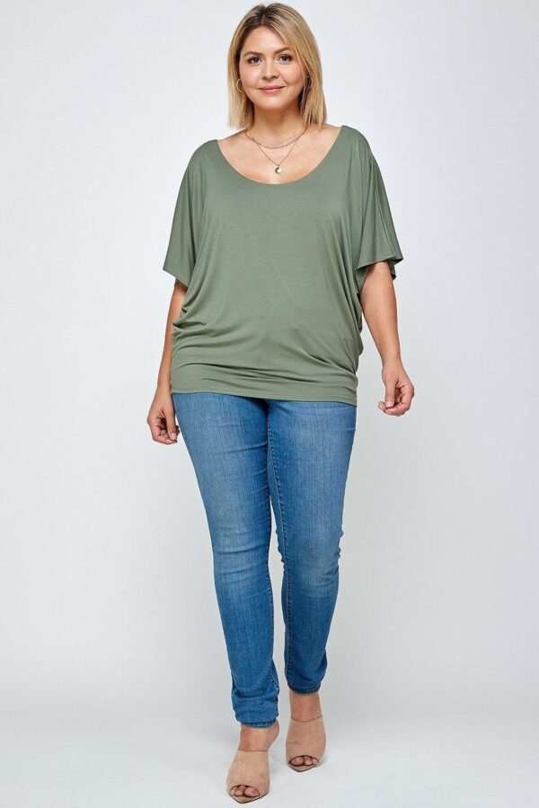 Plus Size Solid Knit Top – Flowy Dolman Silhouette, Olive