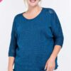 Plus Size Round-Neck 3/4 Sleeve Cotton Sweater Top – Blue