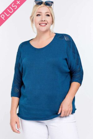 Plus Size Round-Neck 3/4 Sleeve Cotton Sweater Top – Blue