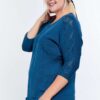 Plus Size Round-Neck 3/4 Sleeve Cotton Sweater Top – Blue