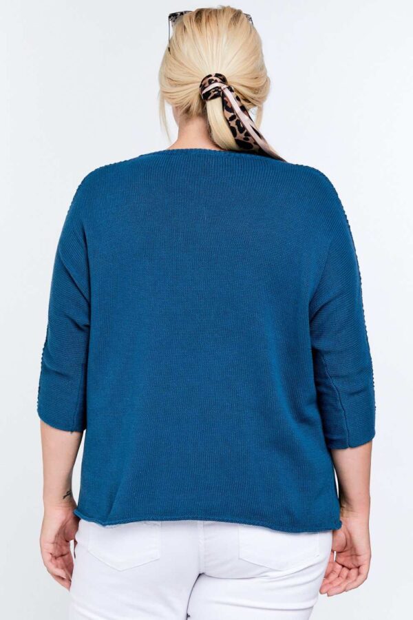 Plus Size Round-Neck 3/4 Sleeve Cotton Sweater Top – Blue
