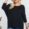 Plus Size Black Round-Neck 3/4 Sleeve Cotton Sweater Top