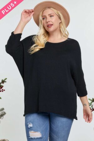 Plus Size Black Round-Neck 3/4 Sleeve Cotton Sweater Top