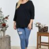 Plus Size Black Round-Neck 3/4 Sleeve Cotton Sweater Top