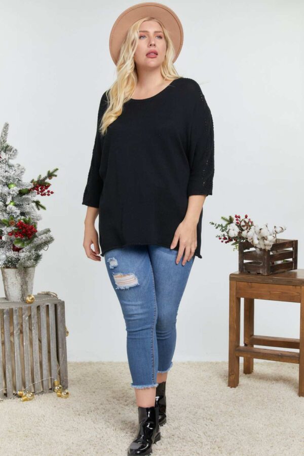 Plus Size Black Round-Neck 3/4 Sleeve Cotton Sweater Top
