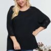 Plus Size Black Round-Neck 3/4 Sleeve Cotton Sweater Top