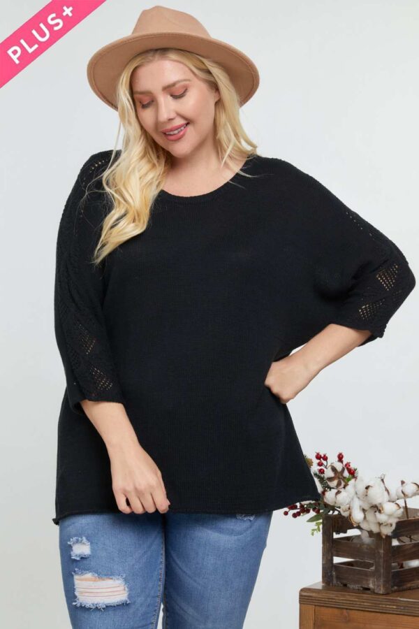 Plus Size Black Round-Neck 3/4 Sleeve Cotton Sweater Top