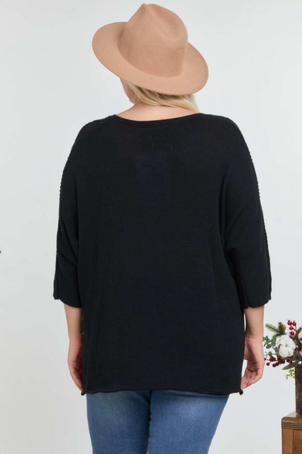 Plus Size Black Round-Neck 3/4 Sleeve Cotton Sweater Top