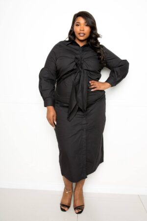 Plus Size Poplin Tie-Bow Shirt Dress – Black