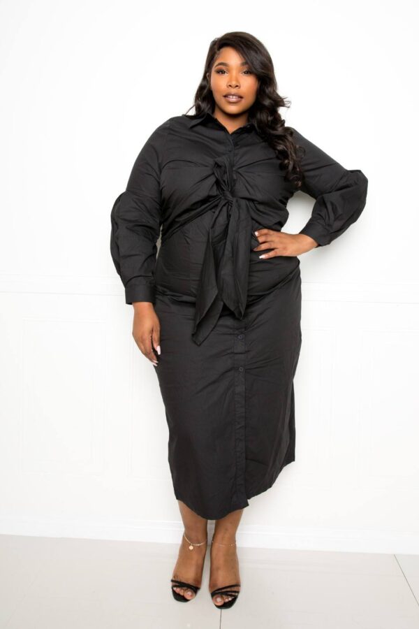 Plus Size Poplin Tie-Bow Shirt Dress – Black