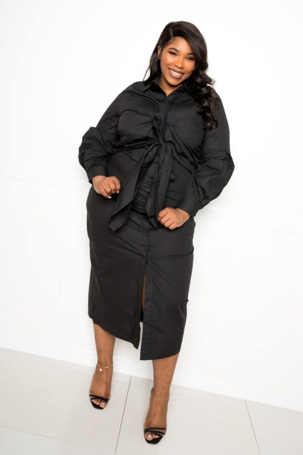 Plus Size Poplin Tie-Bow Shirt Dress – Black