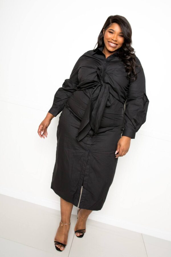 Plus Size Poplin Tie-Bow Shirt Dress – Black