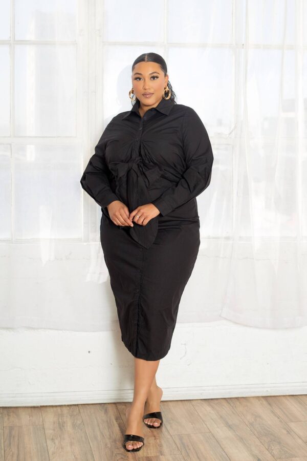 Plus Size Poplin Tie-Bow Shirt Dress – Black