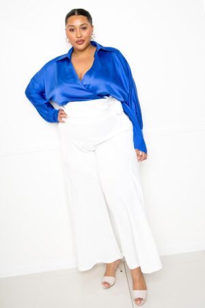 Satin Tie-Waist Wrap Top – Long Sleeve, Royal (Plus Size)