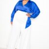 Satin Tie-Waist Wrap Top – Long Sleeve, Royal (Plus Size)