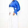 Satin Tie-Waist Wrap Top – Long Sleeve, Royal (Plus Size)
