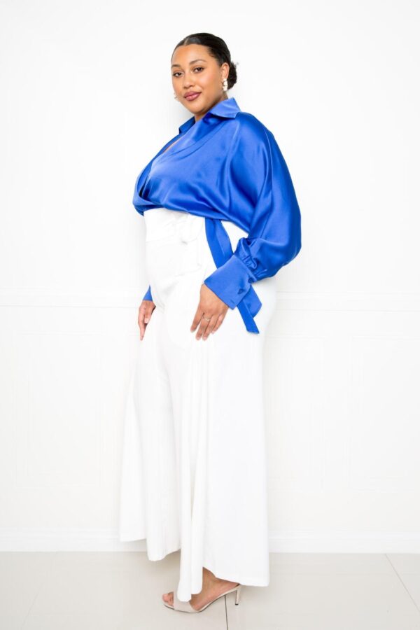Satin Tie-Waist Wrap Top – Long Sleeve, Royal (Plus Size)