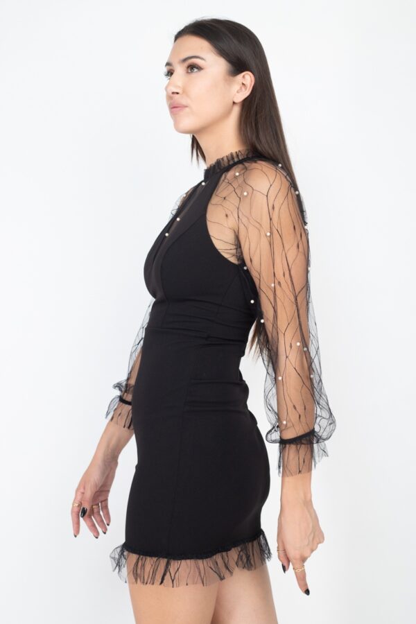 Knit Pearl-Trim Mesh Bodycon Mini Dress – Black