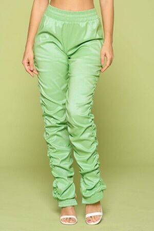 Leather PU Ruched Pants – Slit Hem in Kiwi