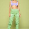 Leather PU Ruched Pants – Slit Hem in Kiwi