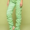 Leather PU Ruched Pants – Slit Hem in Kiwi
