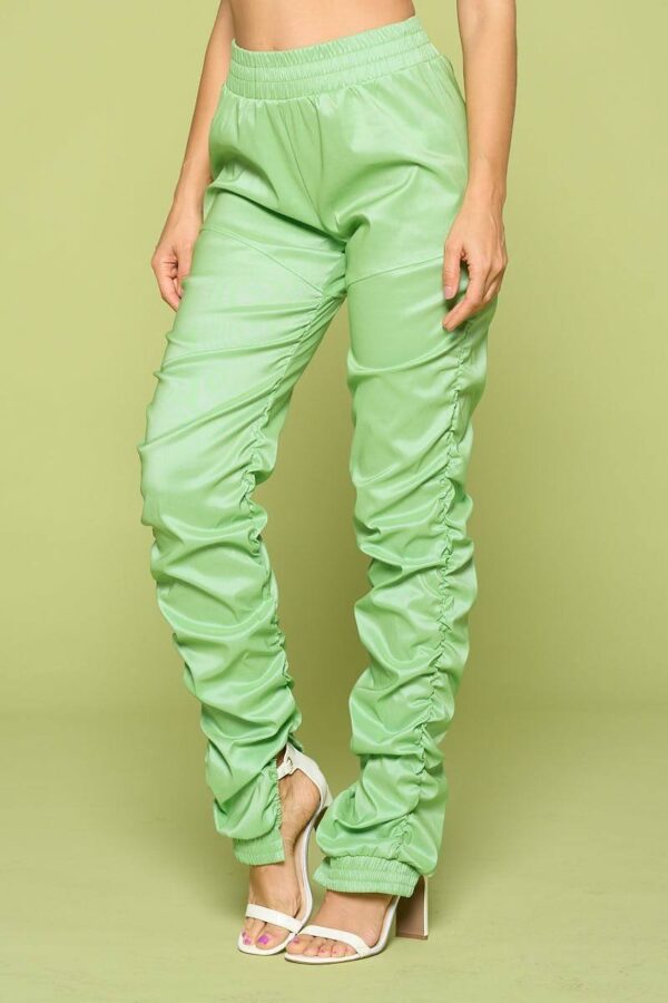 Leather PU Ruched Pants – Slit Hem in Kiwi