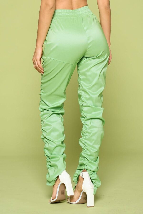 Leather PU Ruched Pants – Slit Hem in Kiwi