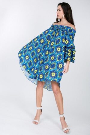 Smocked Off-Shoulder Midi Dress with Puffy Ruffle Sleeves – Sky Blue