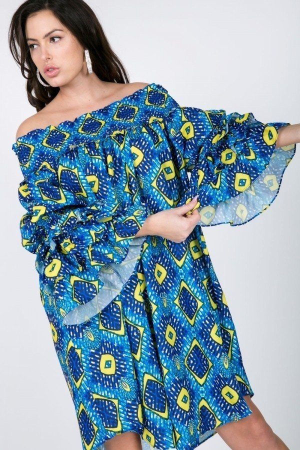Smocked Off-Shoulder Midi Dress with Puffy Ruffle Sleeves – Sky Blue
